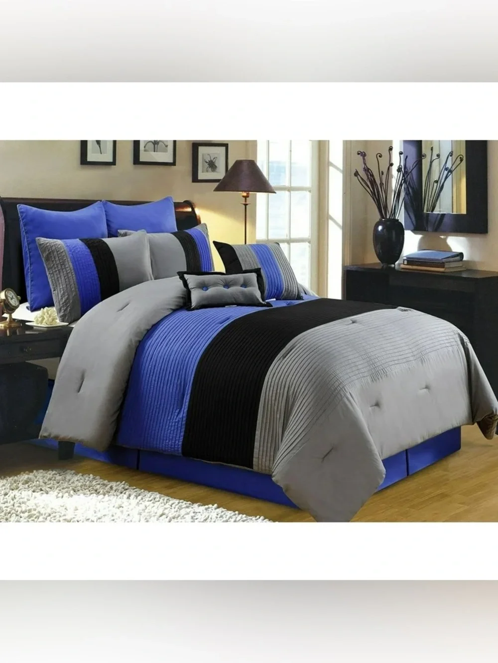 Gray, Black & Blue Striped Queen 3 piece Comforter Set